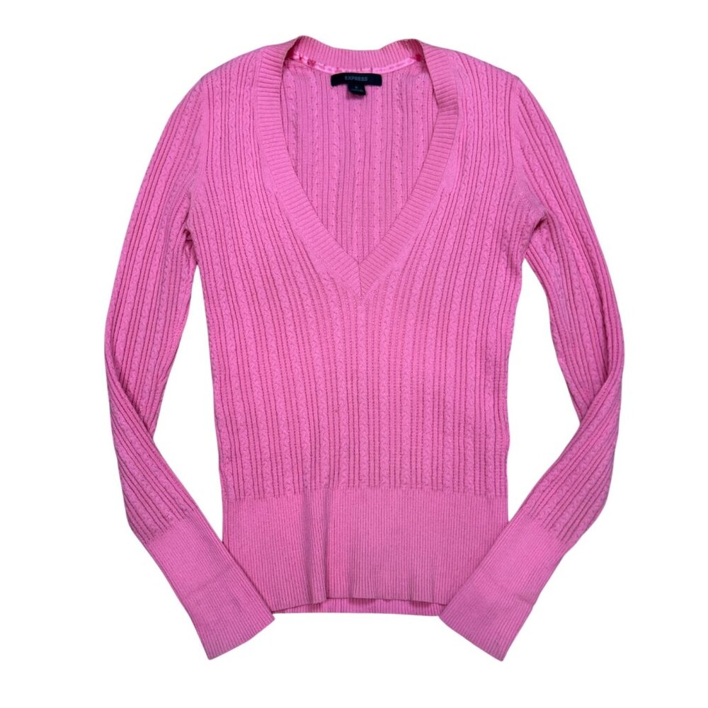 Y2K Express Pink Ribbed V Neck Cable Knit Stretchy Slim Fit Sweater Small